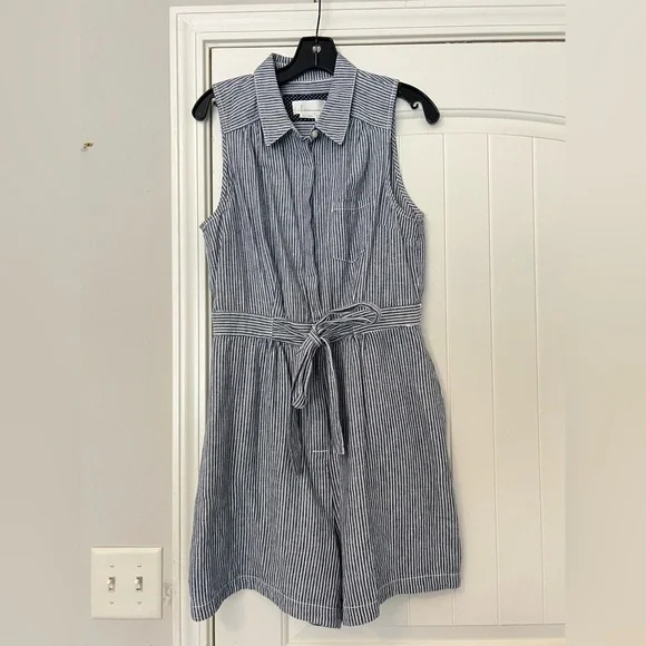 Anthropologie Blue White Striped Linen Blend Belted Romper - Picture 3 of 9